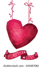 Abstract isolated Triangles,polygons red heart with  curly ribbon in white  background .Hearts hanging on ribbon.Forever love.Valentine,wedding day.Greeting card,invitation,banner.Love,romantic Vector.