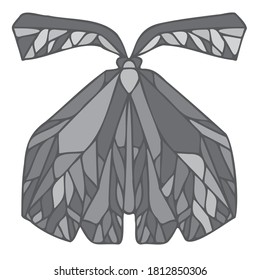 Abstract isolated vector grey color lined ornamental illustration design of moth. The design is perfect for textiles, decorations, stickers, logos, badges, invitations, cards, tattoos.