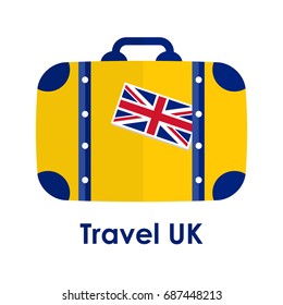 Abstract isolated vector illustration. Blue and yellow suitcase with United Kingdom flag on it and words "Travel UK" under it. Traveling and patriotism theme.