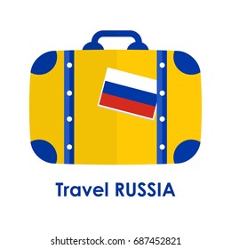 Abstract isolated vector illustration. Blue and yellow suitcase with Russia flag on it and words "Travel Russia" under it. Traveling and patriotism theme.