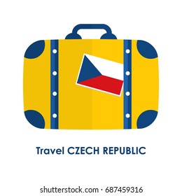 Abstract isolated vector illustration. Blue and yellow suitcase with Czech Republic flag on it and words "Travel Czech Republic" under it. Traveling and patriotism theme.