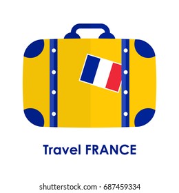Abstract isolated vector illustration. Blue and yellow suitcase with France flag on it and words "Travel France" under it. Traveling and patriotism theme.