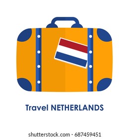 Abstract isolated vector illustration. Blue and orange suitcase with Netherlands flag on it and words "Travel Netherlands" under it. Traveling and patriotism theme.