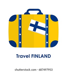 Abstract isolated vector illustration. Blue and yellow suitcase with Finland flag on it and words "Travel Finland" under it. Traveling and patriotism theme.