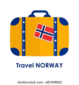 Abstract isolated vector illustration. Blue and orange suitcase with Norway flag on it and words "Travel Norway" under it. Traveling and patriotism theme.
