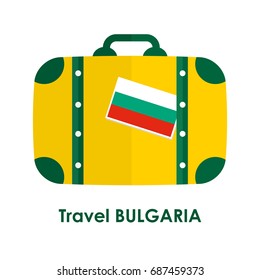 Abstract isolated vector illustration. Green and yellow suitcase with Bulgaria flag on it and words "Travel Bulgaria" under it. Traveling and patriotism theme.