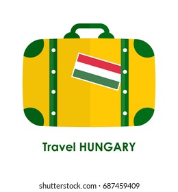 Abstract isolated vector illustration. Green and yellow suitcase with Hungary flag on it and words "Travel Hungary" under it. Traveling and patriotism theme.