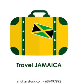 Abstract isolated vector illustration. Green and yellow suitcase with Jamaica flag on it and words "Travel Jamaica" under it. Traveling and patriotism theme.