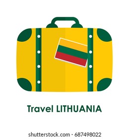 Abstract isolated vector illustration. Green and yellow suitcase with Lithuania flag on it and words "Travel Lithuania" under it. Traveling and patriotism theme.