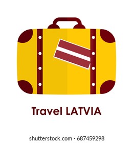 Abstract isolated vector illustration. Red and yellow suitcase with Latvia flag on it and words "Travel Latvia" under it. Traveling and patriotism theme.