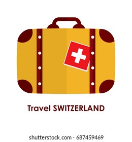 Abstract isolated vector illustration. Red and orange suitcase with Switzerland flag on it and words "Travel Switzerland" under it. Traveling and patriotism theme.