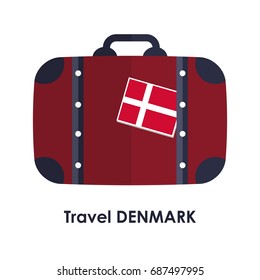 Abstract isolated vector illustration. Red and black suitcase with Denmark flag on it and words "Travel Denmark" under it. Traveling and patriotism theme.