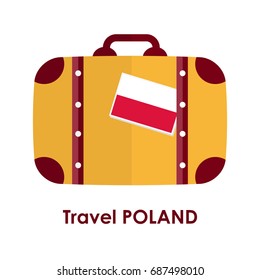 Abstract isolated vector illustration. Red and orange suitcase with Poland flag on it and words "Travel Poland" under it. Traveling and patriotism theme.