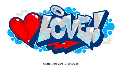 Abstract Isolated Word Love Graffiti Urban Streetart Style Font Lettering With Red Heart Vector Illustration