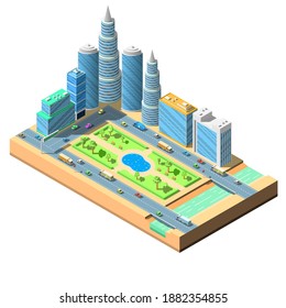 Abstract Isometric 3D City Buildings Skyscrapers River Bridge Cars Vector Design Style