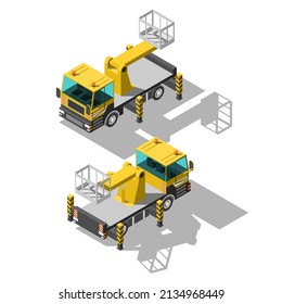 Resumen Isometric 3D Cuna Máquina de transporte de coches Técnica de trabajo Estilo de diseño de vectores