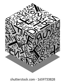 Abstract isometric 3d cube, letters scattered chaotic, vector illustration