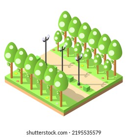 Abstract Isometric 3D Green Park Bushes Lanterns Flowers Vector Design Style Relax Travel Garden Nature Water