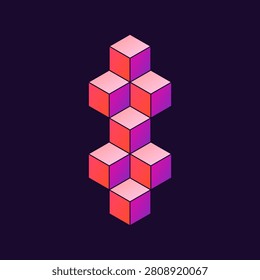 Abstract isometric 3D illustration features a vertical stack of geometric cubes with vibrant pink and purple gradients. This digital art conceptualizes blockchain data structures, decentralized networks, and cryptocurrency storage. The vivid design on a dark backdrop represents cloud computing, big data architecture, and modern cryptographic security systems for fintech solutions.