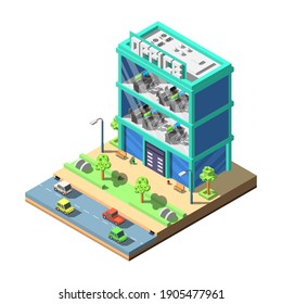 Abstract Isometric 3D Office Building Road Cars Trees Vector Design_Style