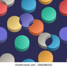 Abstract isometric 3D seamless pattern of multicolored intersecting circles. Vector illustration.
