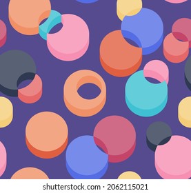 Abstract isometric 3D seamless pattern of multicolored intersecting circles. Vector illustration in flat style .