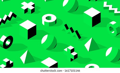Abstract isometric 3D shapes with contrast shadows on simple green monochrome background. Minimalistic flat color and shapes pattern for wallpaper or presentation