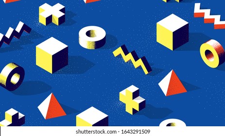 Abstract isometric 3D shapes with contrast shadows and dotwork texture on blue background. Minimalistic flat color and shapes pattern for wallpaper or presentation