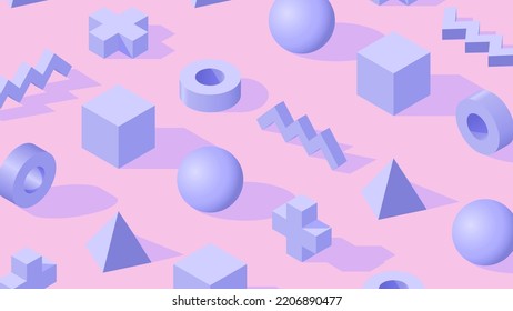 Abstract isometric 3D shapes on pink monochrome background. Pastel violet and blue colors texture.