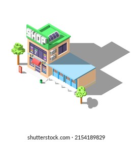 Resumen Isometric 3D Shop Building House Con Árboles, Urn, Diseño Vector Estilo Urbano