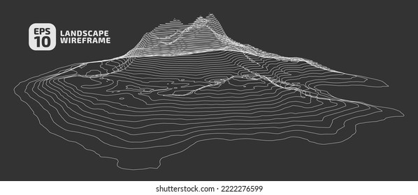 Abstract Isometric 3d square, wireframe background. Landscape grid technology image. Cyberspace Digital Terrain in mountains with valleys. Parallel continuous lines. White o black. Vector.