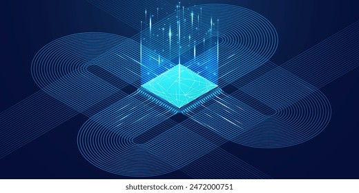 Abstract isometric AI chip or CPU processor, front side bus, and circuit circle connected lines on technology blue background. Big data. Digital innovation on tech bg. 3D polygonal vector illustration