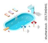 Abstract Isometric Aquapark Swimming Pool With Water Balls Sun Lounger Lifebuoy Umbrellas Relax Vacation Vector Design Style