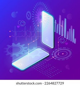 Abstract isometric background in blue-violet colors with two phones and hi-tech design elements