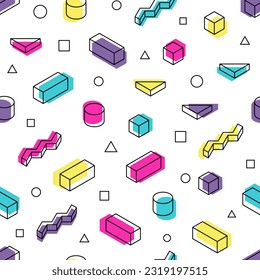 Resumen de fondo isométrico de formas geométricas estilo Memphis. Patrón veloz. listo para su uso en prendas de vestir, textiles, envolturas y otros