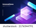 Abstract isometric background with glassy glowing cube and geometric shapes. Futuristic digital background in 3d style. Ideal for landing page, web banner, poster. Vector illustration