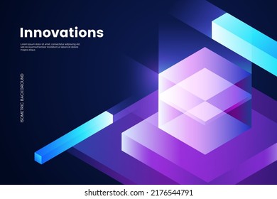 Abstract isometric background and glassy glowing cube   geometric shapes  Futuristic digital background in 3d style  Ideal for landing page  web banner  poster  Vector illustration