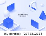 Abstract isometric background with white and blue geometric shapes and place for text. Composition with simple matte 3d shapes. Ideal for poster, presentation, banner, web page. Vector illustration