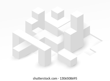 Abstract isometric background with white geometric shapes. Minimalistic modern composition. Vector illustration.