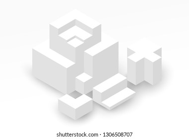 Abstract isometric background with white geometric shapes. Minimalistic modern composition. Vector illustration.