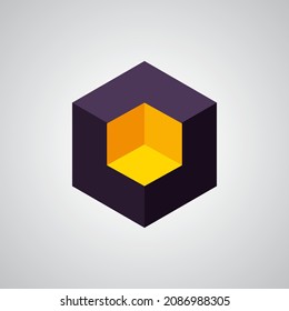 Abstract isometric black cube with yellow gold niche. Logotype template. Can be used for branding as logo design element. Vector geometric illustration 