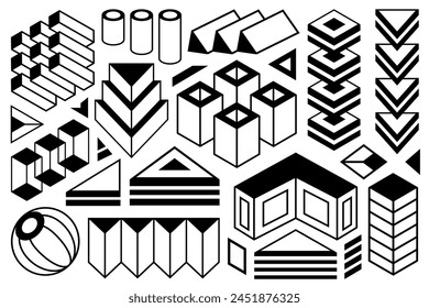 Abstract isometric black and white geometric design elements. Set of three dimensional triangular, rectangular forms and shapes isolated on white background.