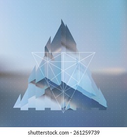Abstract isometric broken or fragmented pyramid with the reflection of the environment and low poly triangles on blurred background. Vector multifunctional blurry backdrop.