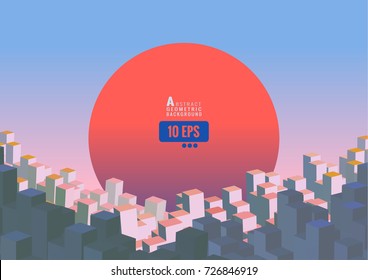Abstract isometric city with sunset space on colorful background