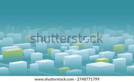 Abstract Isometric Cityscape with Glowing Yellow Markers on Buildings. Vector illustration.