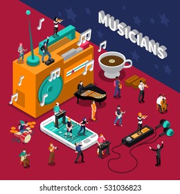 Abstract isometric composition with musicians people and music listening devices vector illustration 