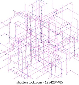 Abstract isometric computer generated 3D blueprint visualization lines background. Vector illustration for break through in technology.
