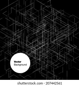 Abstract isometric computer generated 3D blueprint visualization lines background. Vector illustration for break through in technology. Black and white background.