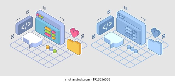 Abstract isometric concept app development. Innovation in UI and software development. Illustration for Landing page.