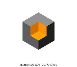 Abstract isometric cube design featuring gray and orange hues.  Ideal for concepts of innovation, technology, structure, or hidden potential.